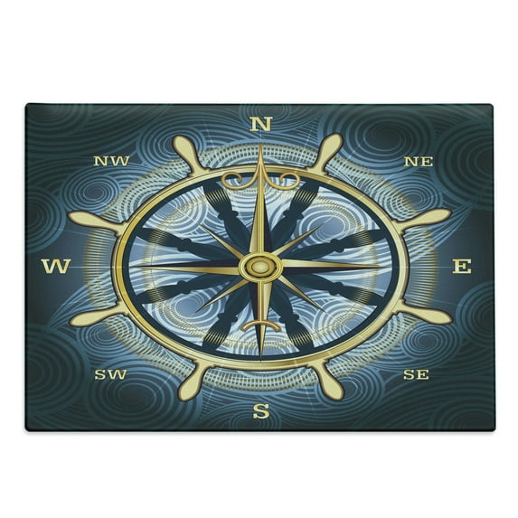 Compass Cutting Board, Navigation Theme Compass with Windrose and Helm on a Wavy Backdrop Maritime, Decorative Tempered Glass Cutting and Serving Board, Large Size, Yellow Navy Blue, by Ambesonne