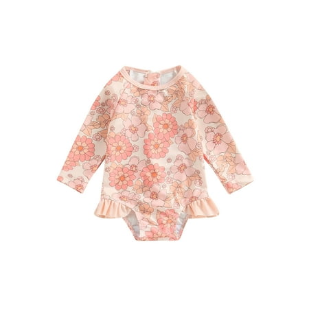 

IZhansean Toddler Baby Girl One Piece Swimsuit Ruffled Long Sleeve Zipper Rash Guard Swimwear Floral Print Bathing Suit Pink 3-4 Years