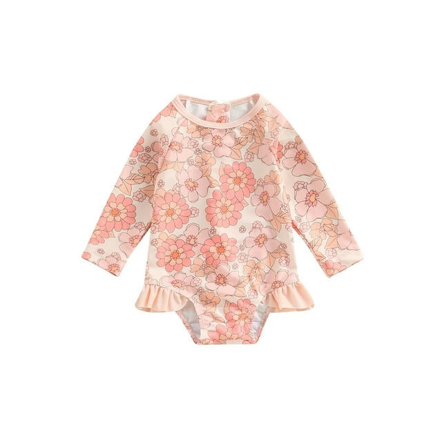 Faithtur Toddler Baby Girl Jumpsuit Swimsuit, Flower Print Long Sleeve Round Neck Ruffle One Piece Bikini Bathing Suit