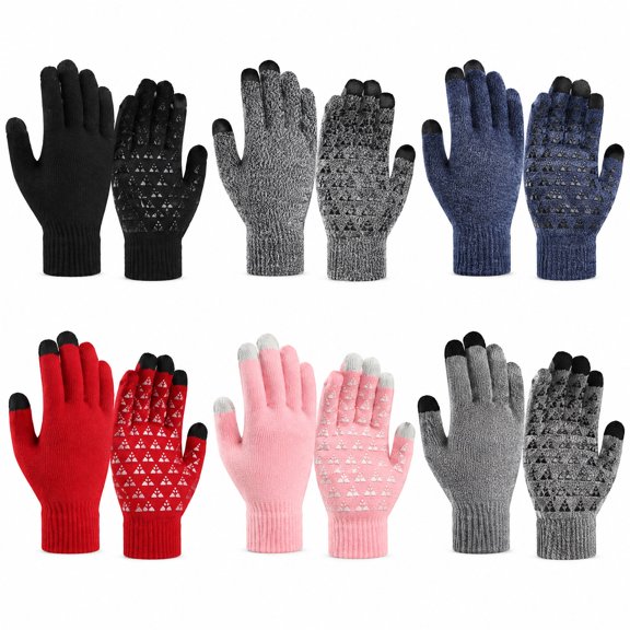 6 Pairs Winter Warm Knit Touch Screen Gloves, Anti-Slip Silicone Palm, Elastic Rib Cuff, Windproof Soft Woolen Gloves, Unisex Adults For Gaming Driving Cycling Daily Outdoor Use
