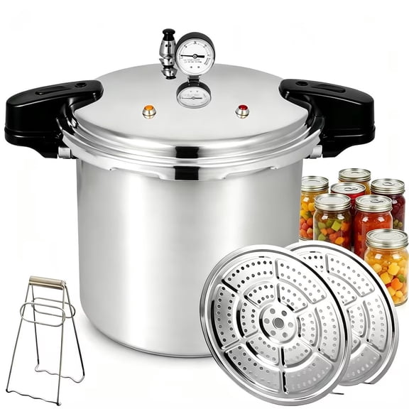 23L/24 Qt Extra Large Aluminum Pressure Cooker & Canner, 15 PSI Pressure Gauge, Auto-Release Valve, Safety Clips(3 in 1)