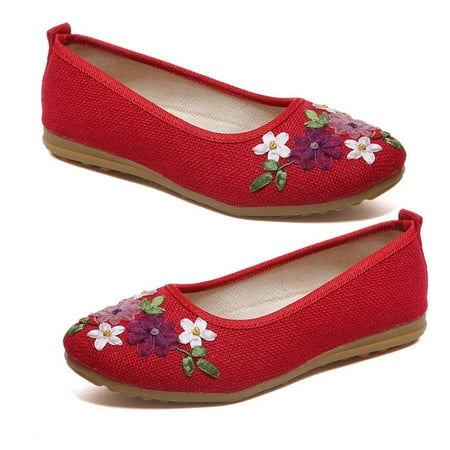 Kitem Vintage Embroidered Women Flats Flower Slip On Round Toe Shoes Loafers Ballerina