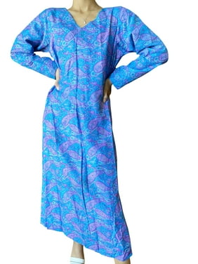 Mogul Women Blue Long Dress Printed Vintage Retro Paisley Design Midi Dresses Ethnic ML