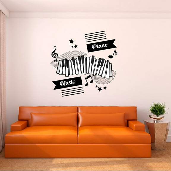 Music Wall Decal Classic Piano Keys Silhouette with Musical Notes Bedroom Wall Decal for Children Instrument Cute Themed Room Décor - Size: 10 In x 10 In