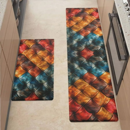 

Anti Fatigue Kitchen Mat Colorful Leather Pattern Sets of 2 Kitchen Rugs Non Slip Cushioned Standing Mat for Sink Floor Laundry Office Desk Mid 17.3 x 29 + Ultra 17.3 x 70.8