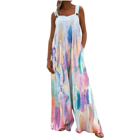 

Dyegold Jumpsuits for Women Casual Casual Jumpsuits for Women Boho Wide Leg Bib Spaghetti Strap Boho Printed Square Neck Sleeveless Rompers Overalls