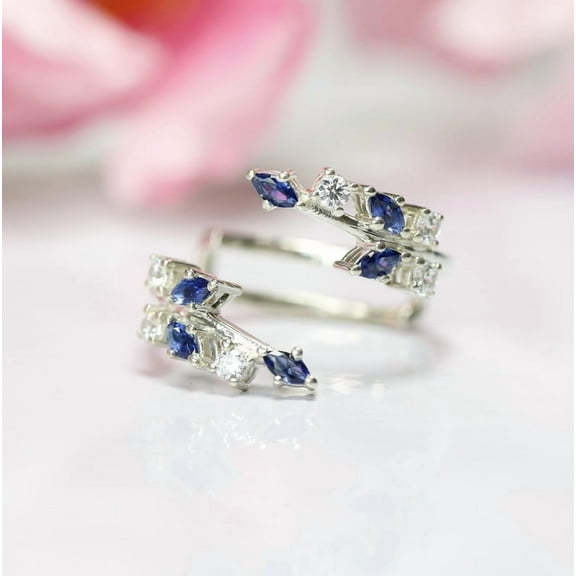 Marquise Cut Blue Sapphire Open Ring Guard Jacket - 925 Sterling Silver Engagement Ring - Gift For Her