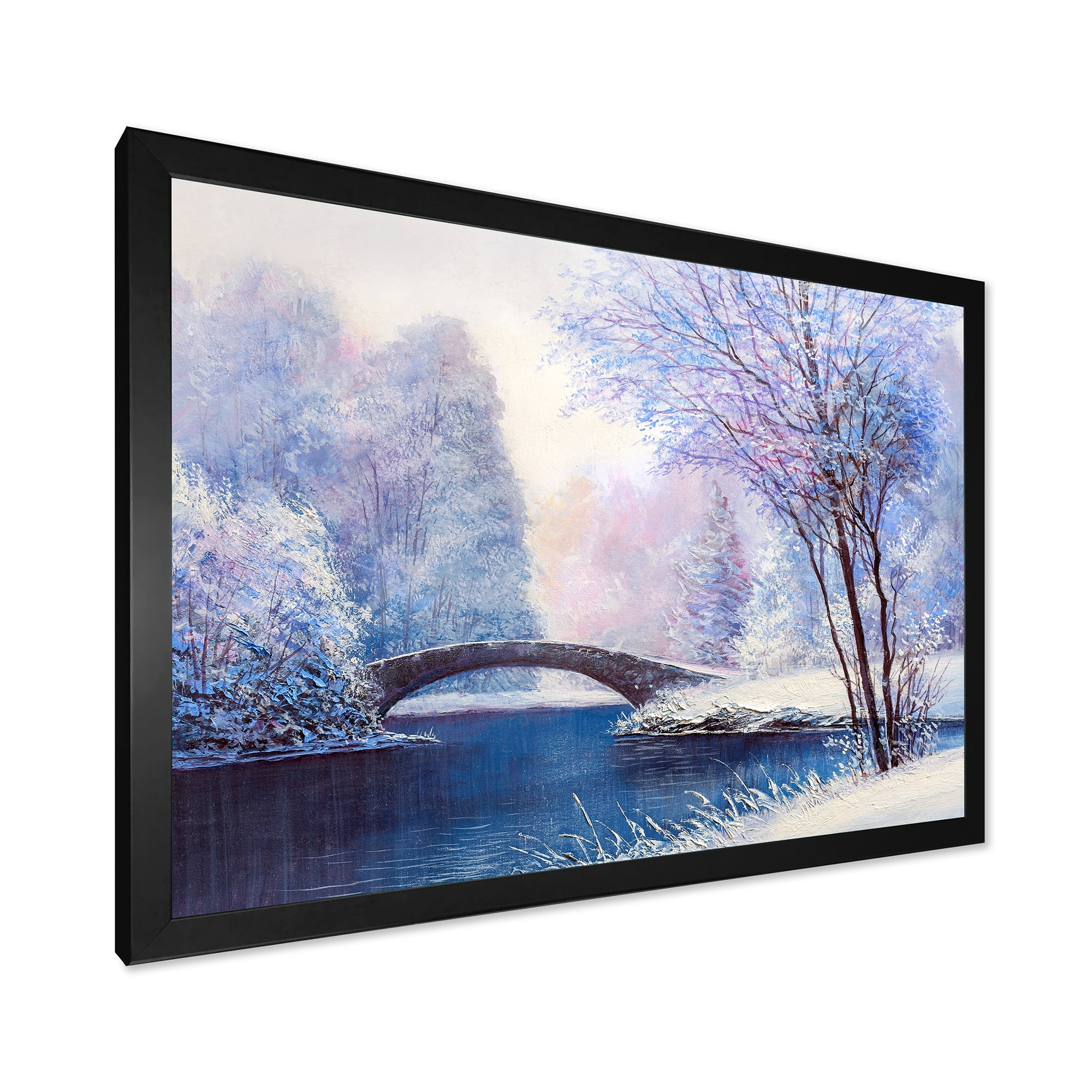Bridge Of Meandering River With Winter Scenery III 20 in x 12 in Framed Painting Canvas Art Print, by Designart