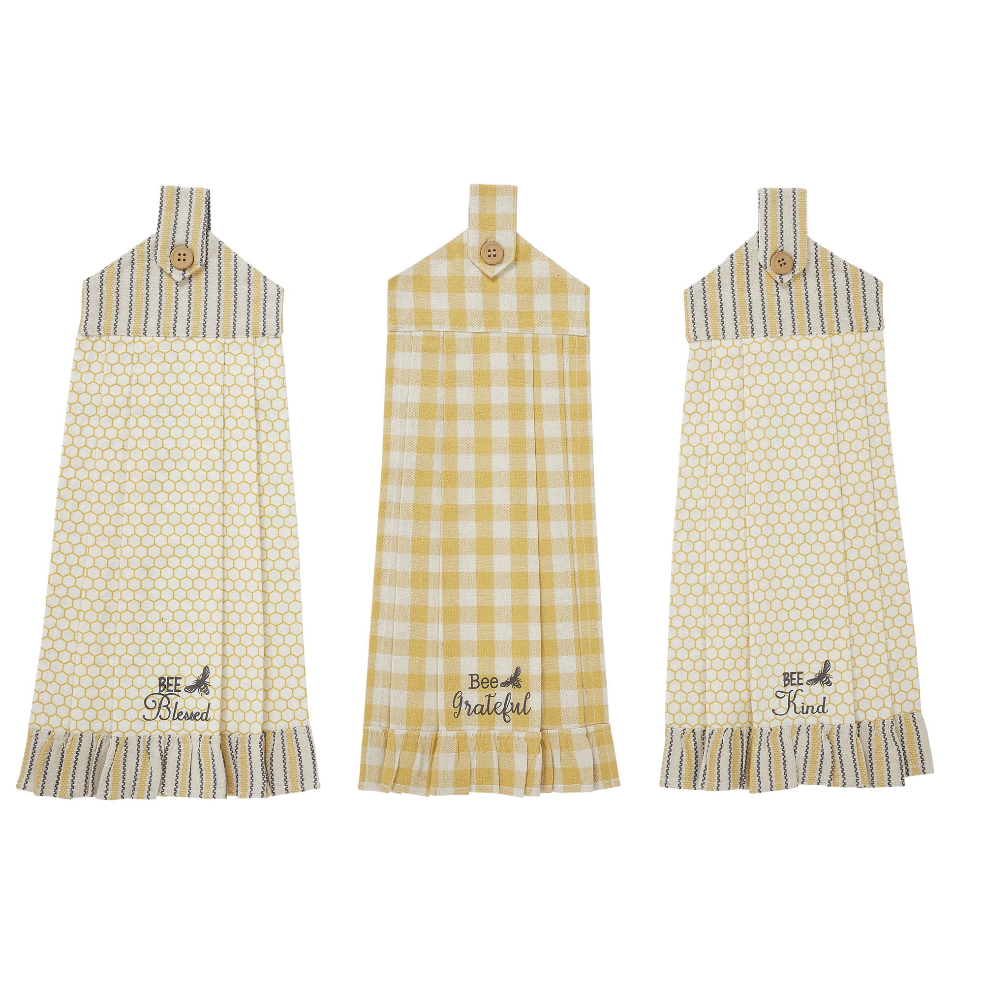 VHC Brands Cotton Buzzy Bees Button Loop Kitchen Towel Set of 3, Hanging Kitchen Towel, Distressed Appearance, Bath, Kitchen, Rectangle 21x7, Bee Kind, Grateful, Blessed, Vintage Yellow