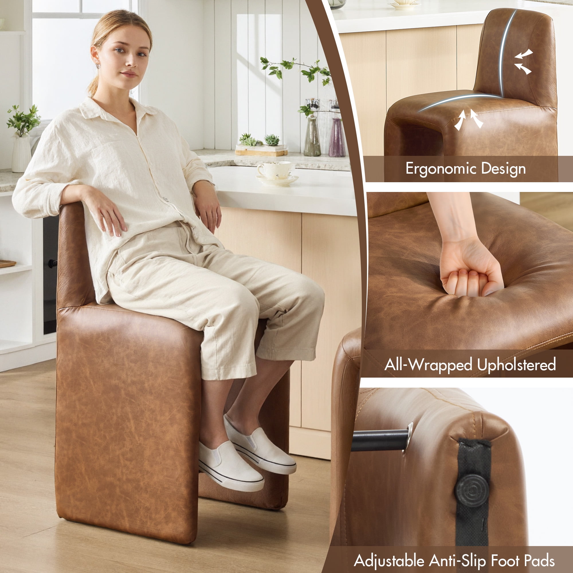 Dayalane Modern Bar Stool, 26" Upholstered Leather Counter Height Stools with Back Support, Armless Kitchen Island Chair Side Stool with Footrest, No Assembly Required, Brown