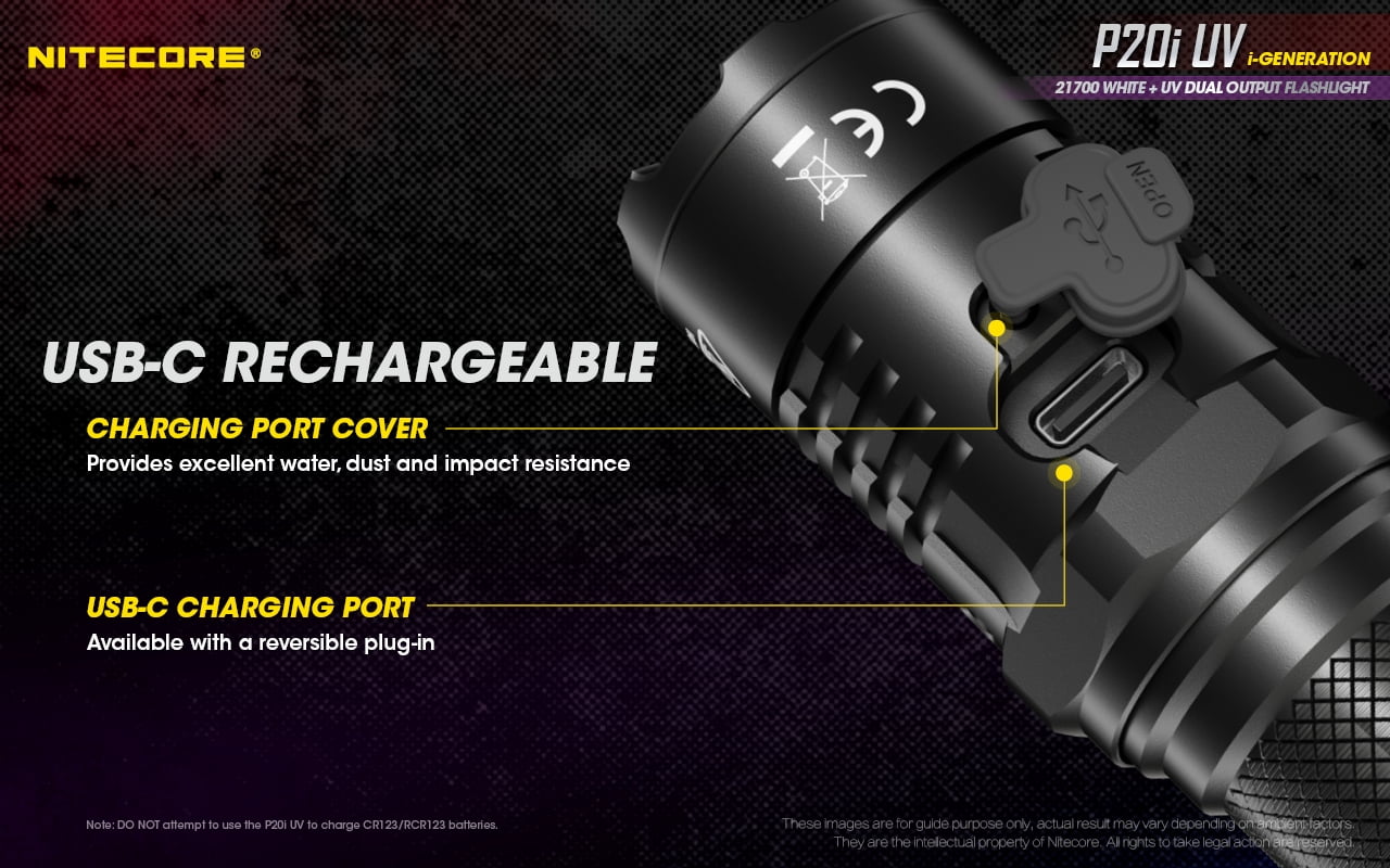 Nitecore P20i UV Luminus SST-40-W LED Rechargeable Flashlight w/UV Light, 21700, White, 1800 Lumens, Black, 6952506406616
