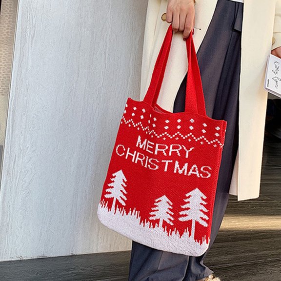 BESTYASH Red Christmas Tote Bag, Comfortable Knitting Shoulder Bag, Large Capacity, Cute Tree Design