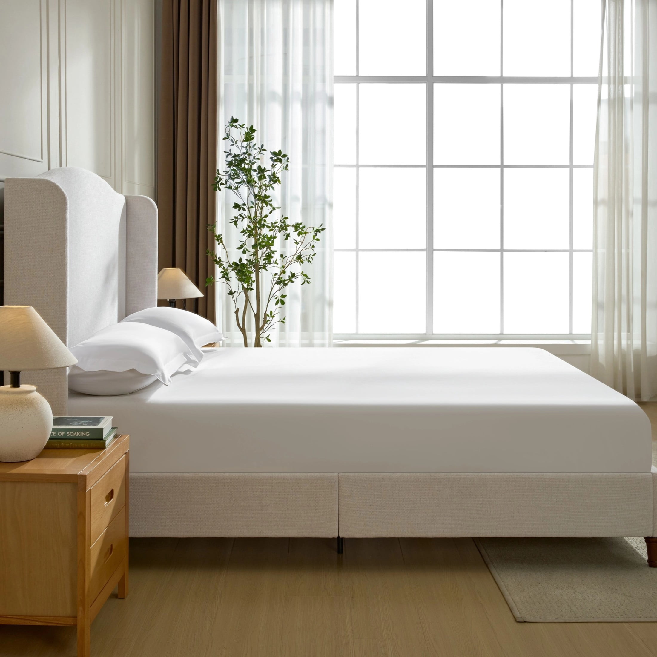 Noble House Hannah King Upholstered Bed Frame, 54" Tall Wingback Headboard, Metal Frame, Ivory