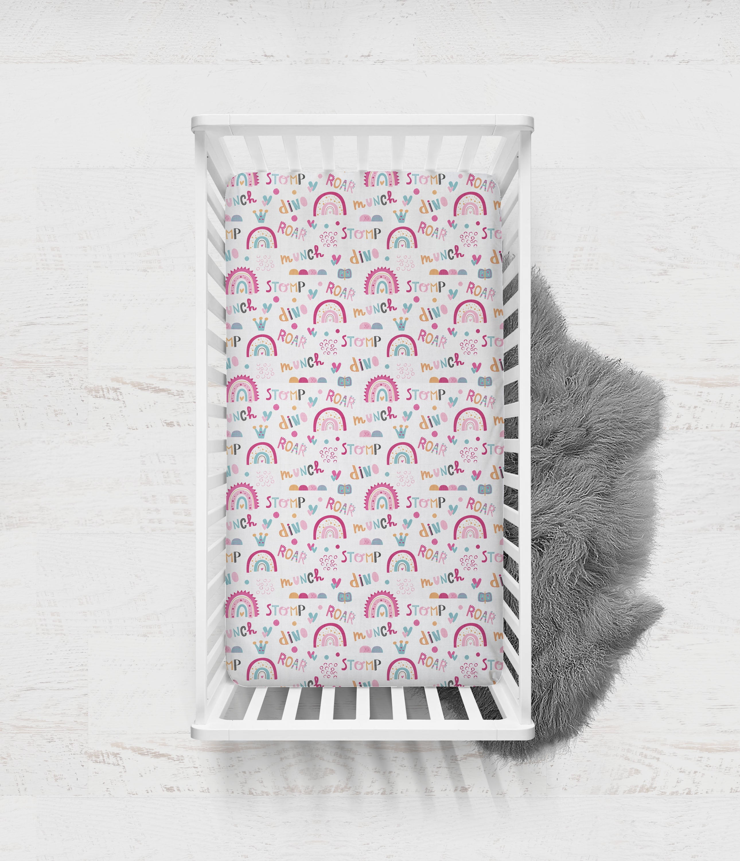 Bacati - Girls Little Dino Rainbow Pink Fuchsia Orange Muslin Crib or Toddler Bed Fitted Sheet