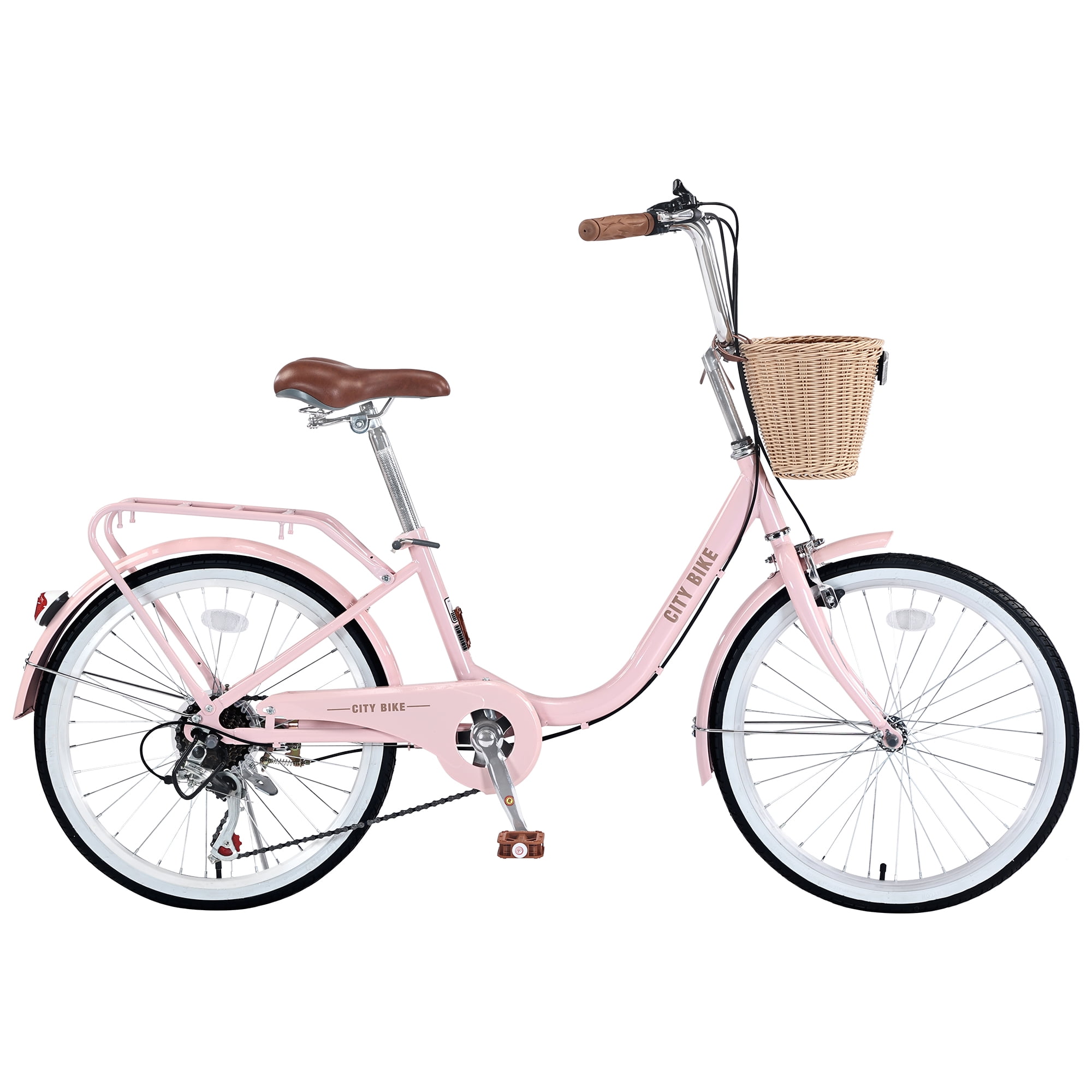 Aukfa Cruiser Bike, Hybrid Bikes with Basket for Girls Kids,Pink