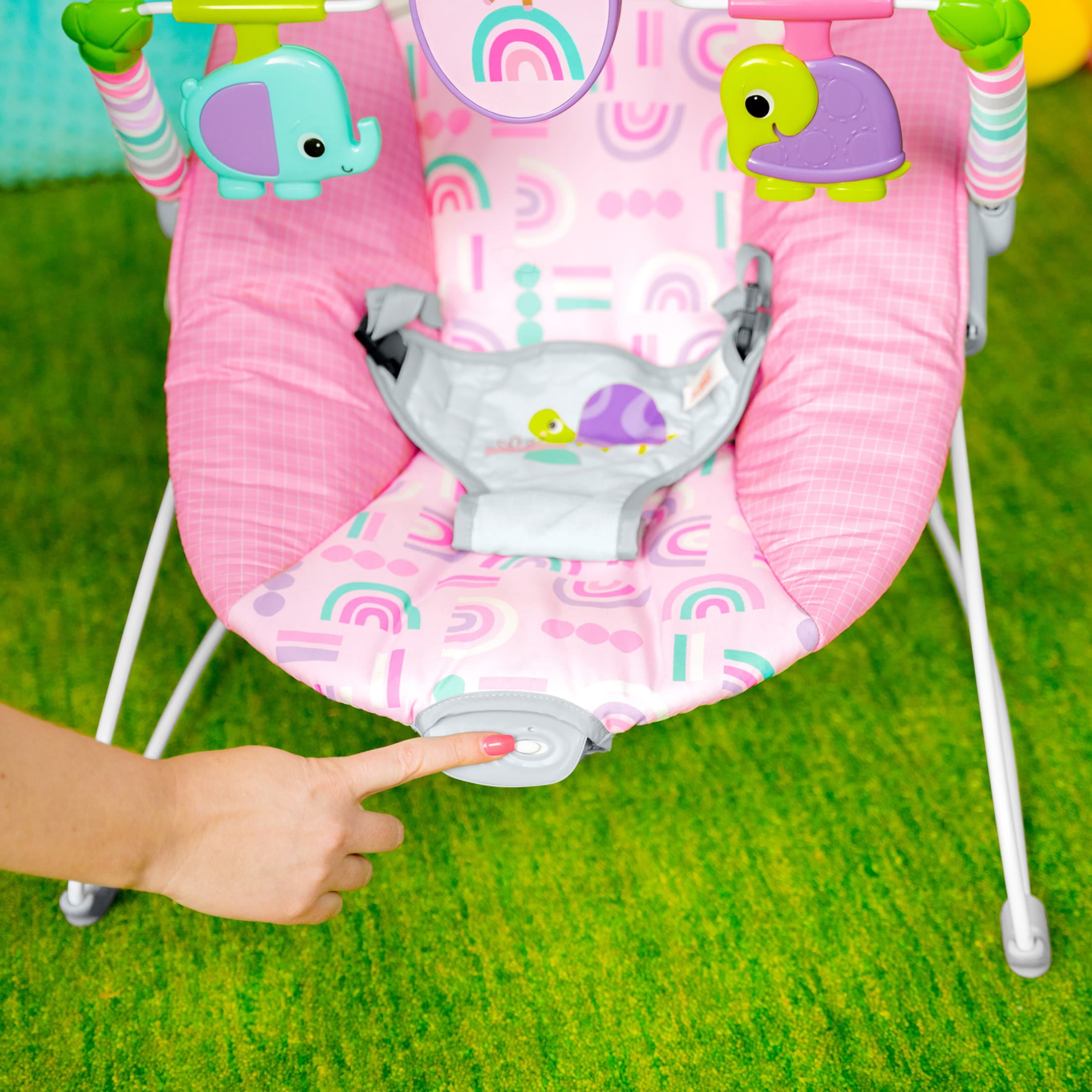 Bright Starts Pink Paradise Portable Baby Bouncer with Vibrations, Newborn, Unisex