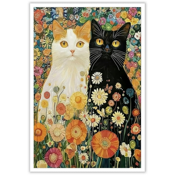 The Black Cat and The White Cat in The Flowers Posters Aesthetic Family Wall Decor Canvas Wall Art for Bathroom Bedroom Living Room Office & More