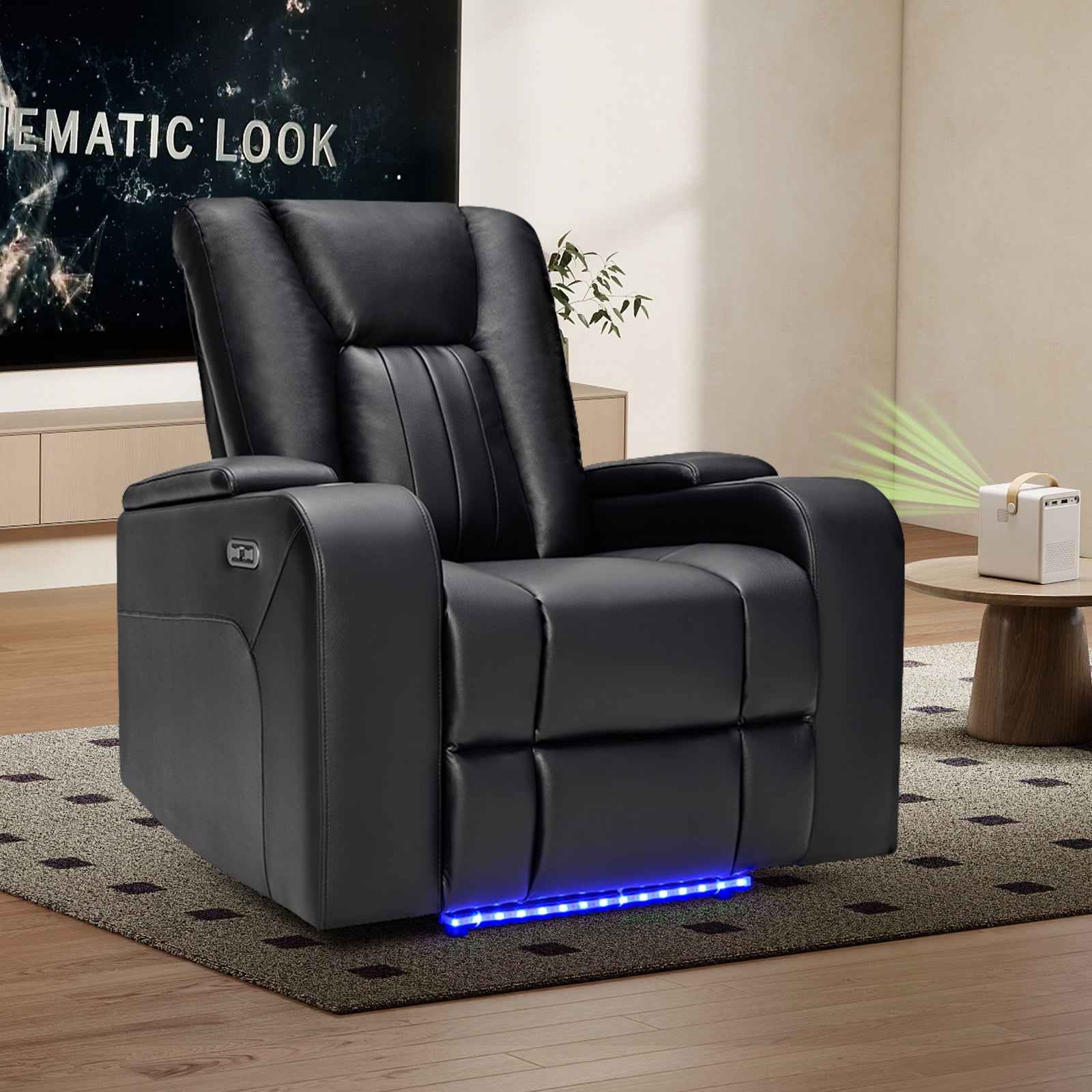 Bonzy Home Electric Power Recliner Chair, Breathable Leather, LED Light, USB Ports, Cup Holders, Hidden Storage, Home Theater Seating