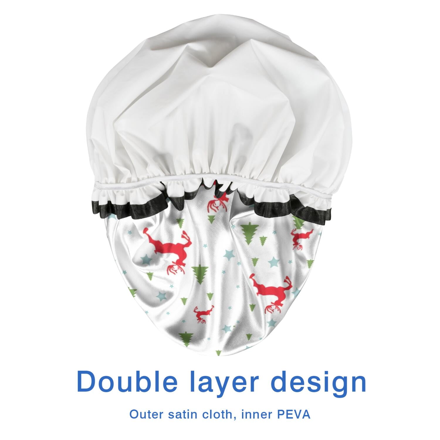 Shower Caps,White Christmas Reindeer and Tree Pattern Waterproof Shower Cap for Women 4 Pieces,Double Reusable Hair Cover for Shower PEVA Elastic Stretch Hem