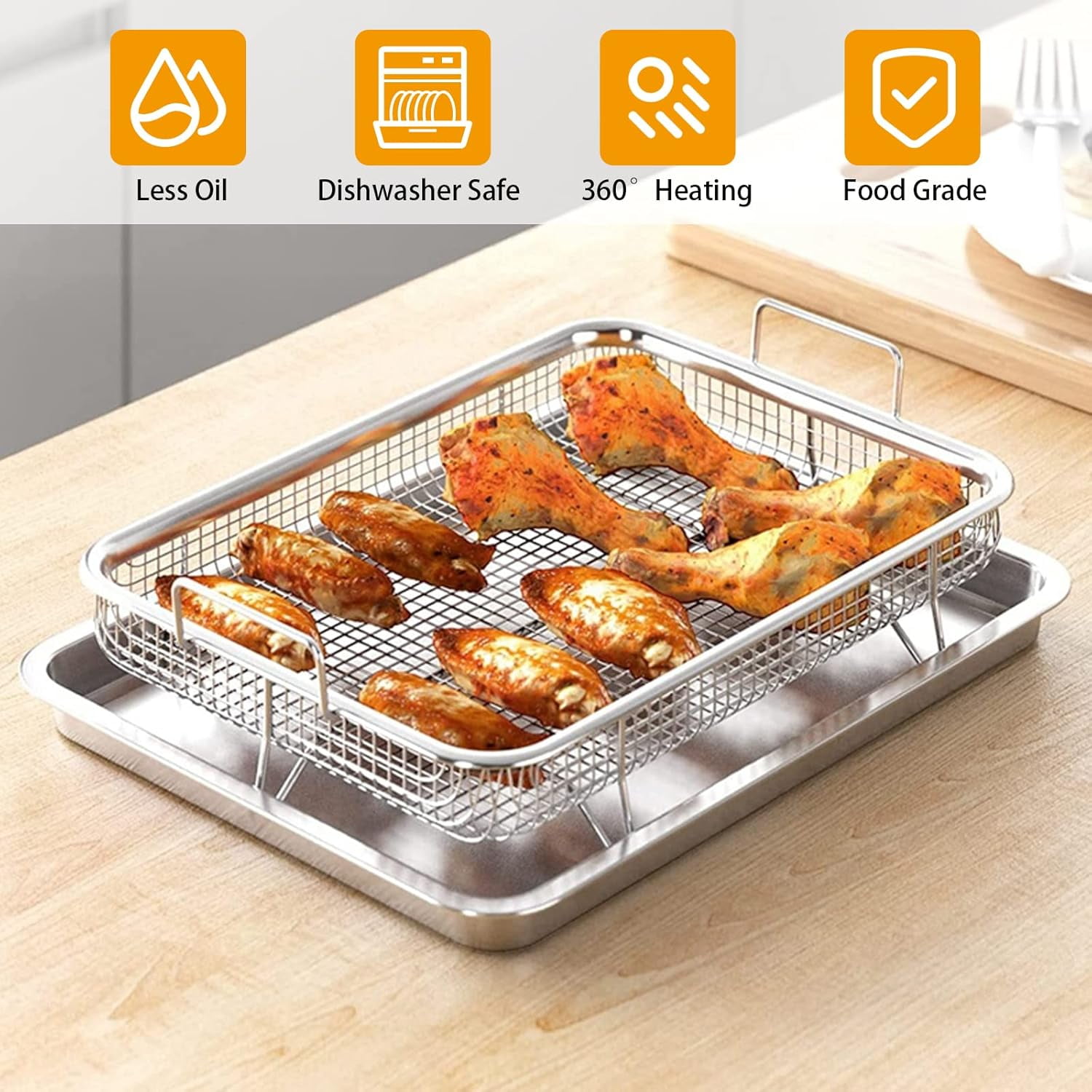 Air Fryer Basket for Oven, 2 in 1 Nonstick Air Fry Basket with Mesh Great for Oven, Dishwasher Safe – - (15.43" x 11.53", Silver)