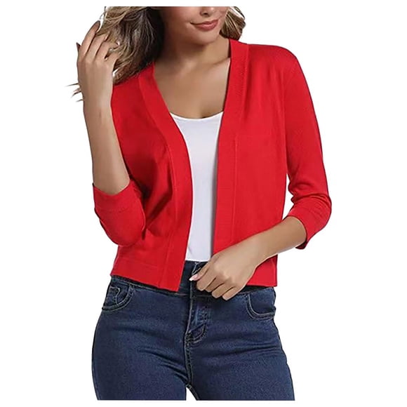 LNGOOR Women‘s Casual Cropped Knitted Cardigan 3/4 Sleeve Lightweight Open Front Sweater Blouse Ladies Fall Spring Outwear Mint Green
