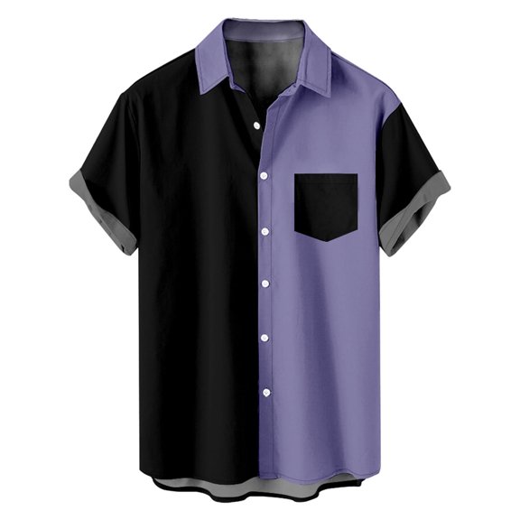 Nnhblu Purple Shirts Men's Button Up Short Sleeve Color Block Print Beachwear Pocket Hawaiian Shirt Casual Collar Top