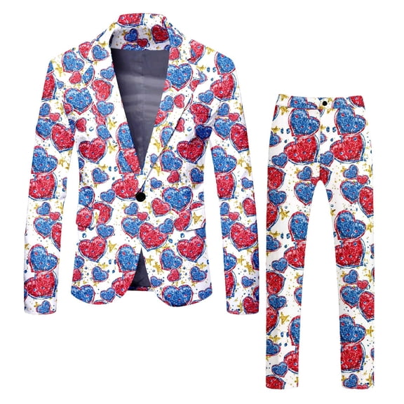 JHHLSF Mens Valentine's Day Suit Two Piece Rose Love All Print Printed Jacket Pants Top And Bottom Two Piece Set Blue,L