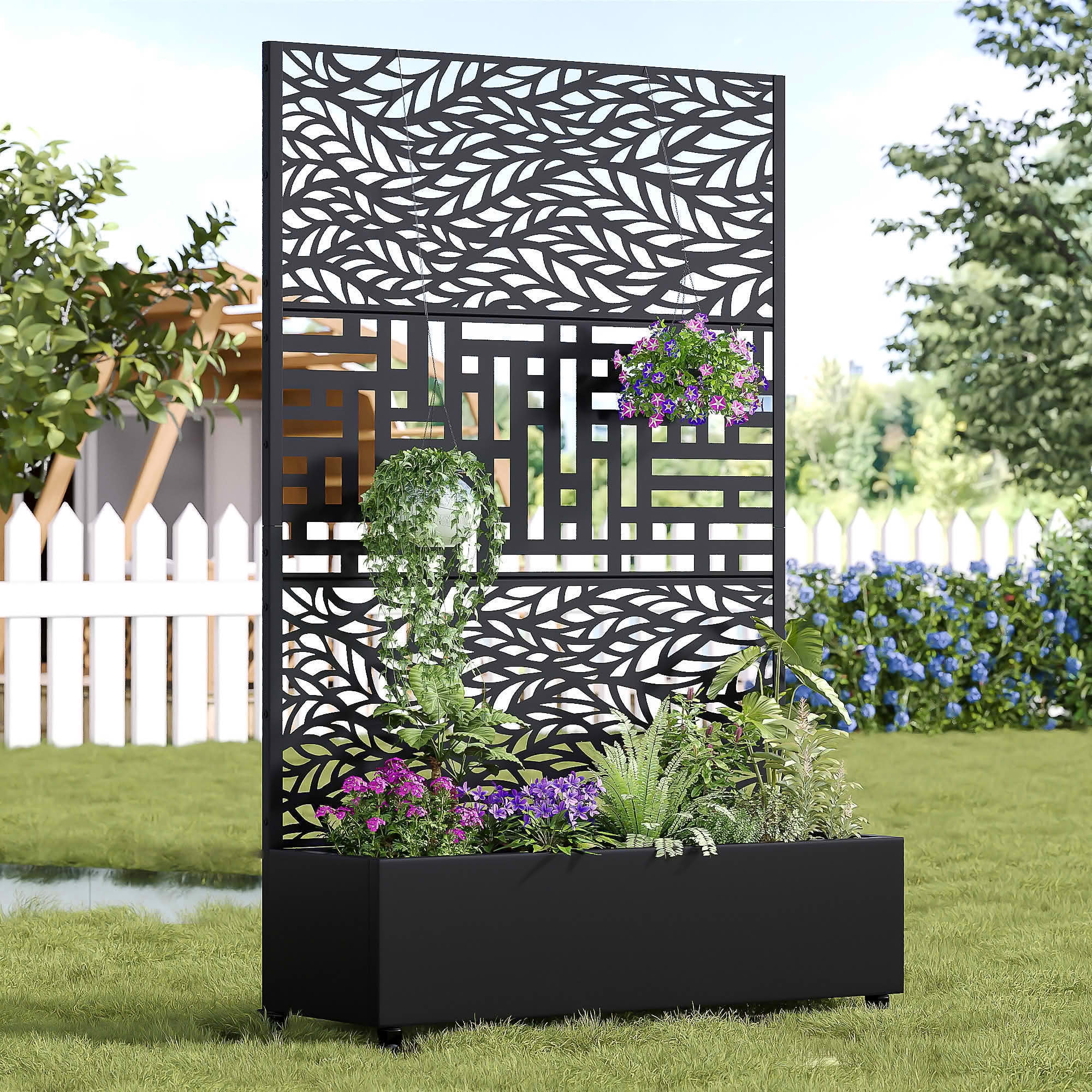MAYEERTY 72x47x16 Inch Black Metal Planter Box with Trellis for Outdoor Garden & Patio