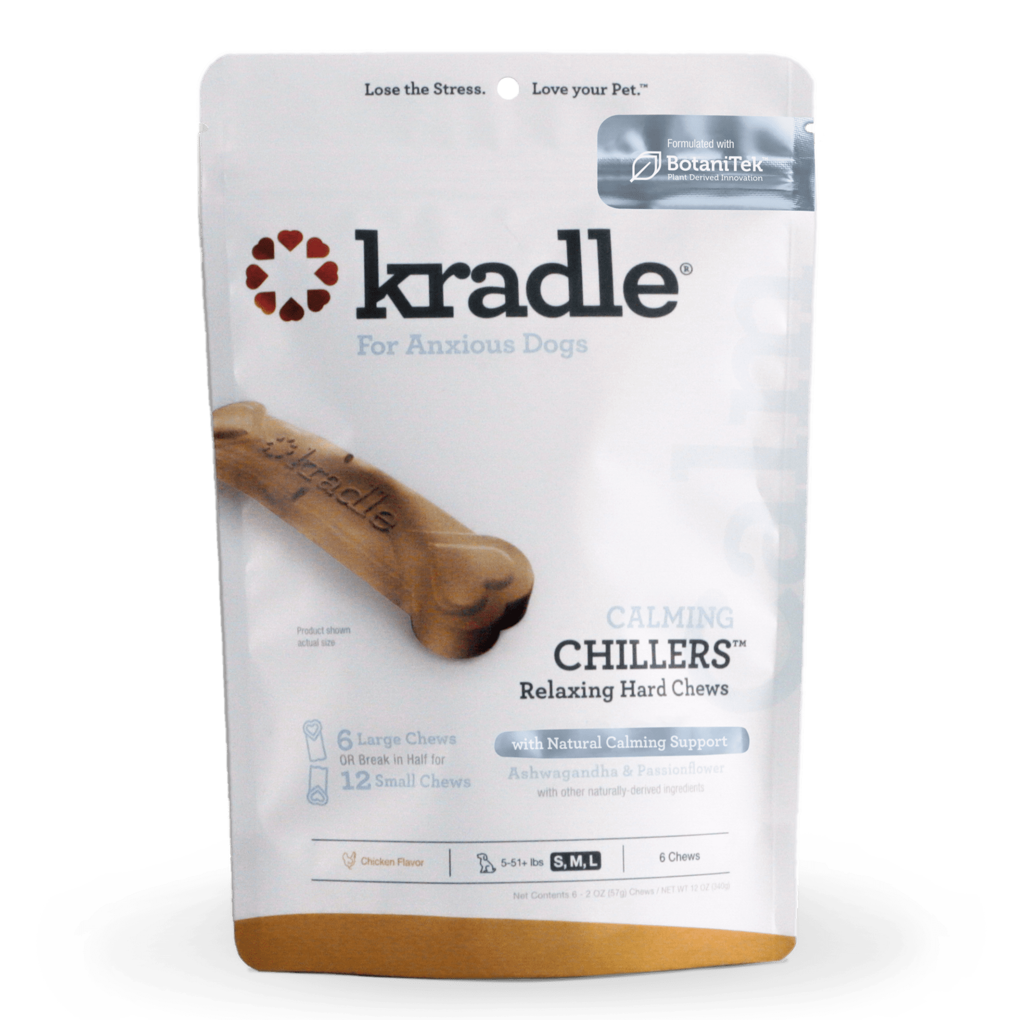 Kradle Calming Chillers, Relaxing Hard Dog Chews, Chicken Flavor, 6 Dry Chews, 12 Ounce Bag