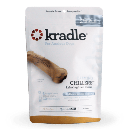 UPC: 0850015561498 | Kradle Calming Chillers Relaxing Hard Dog Chews Chicken Flavor 6 Dry Chews 12 oz Bag