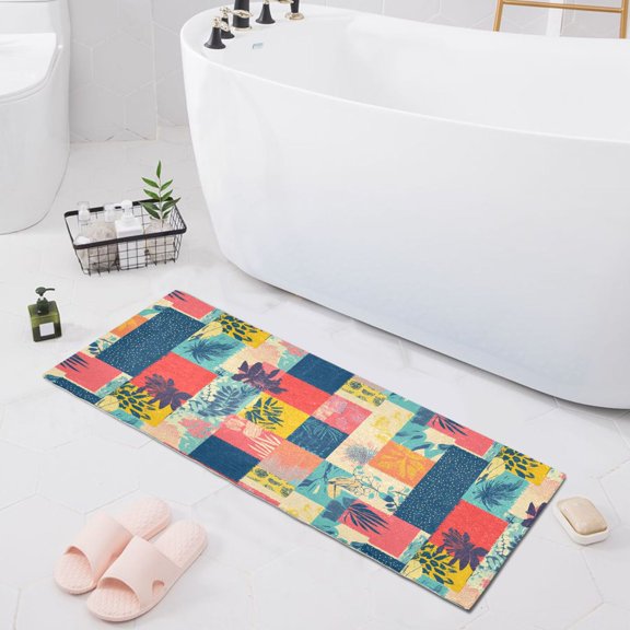 Colorful Block Doodle Bath Mat 39x20 Non-Slip Bathroom Rugs Absorbent Soft Plush Quick Dry for Tub Shower Kitchen Home Decor