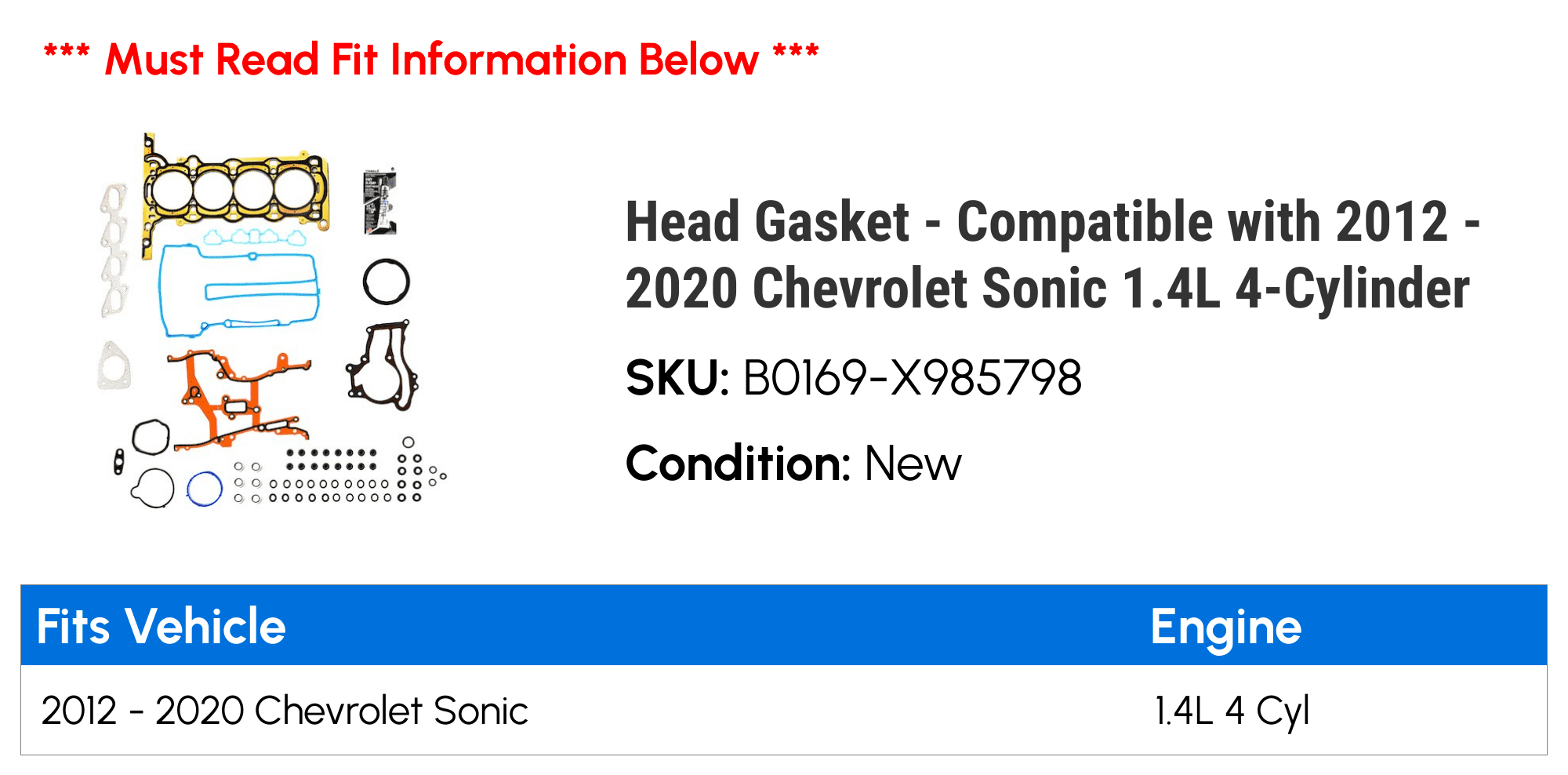 Head Gasket - Compatible with 2012 - 2020 Chevy Sonic 1.4L 4-Cylinder 2013 2014 2015 2016 2017 2018 2019