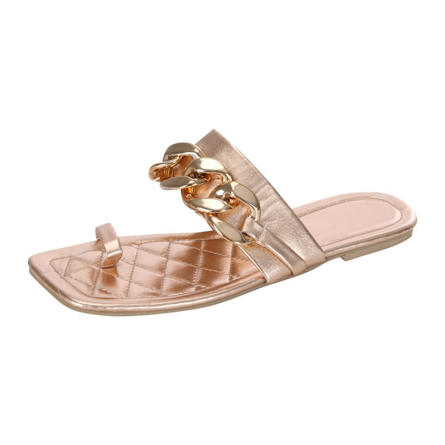 Womens Casual Vacation Open Toe Decorative Buckle Chain Solid Flat Beach Sandals