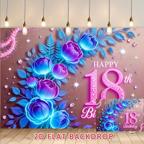 Neon Blue Purple Floral 18th Birthday Backdrop, Adult Party Decoration Banner for Birthday Celebration, Photo Booth Photography Background, Party Scene Decor Prop