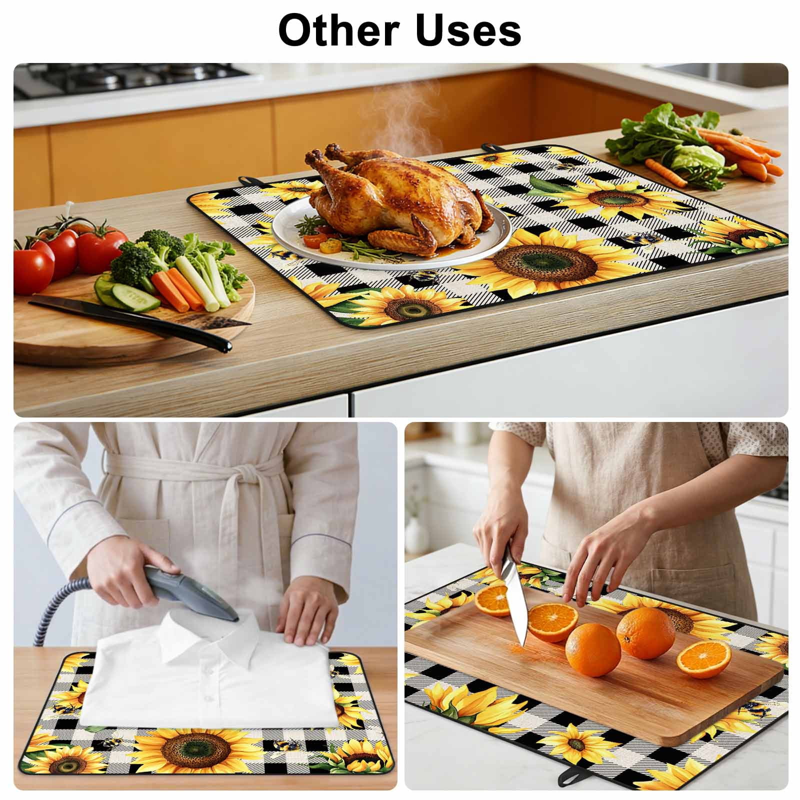 Summer Sunflowers Stove Top Cover for Electric Stove, Heat-proof & Non Slip Glass Top Stove Cover Protector, Pastoral Black Plaid Farmhouse Kitchen Flat Cooktop Rubber Mat 28.5x20.5 Inches