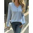 thumbnail image 6 of Women'S V-Neck Long Sleeve Striped Knit Button Shirt Autumn Casual Loose Elegant Tunic Top Blue S, 6 of 10
