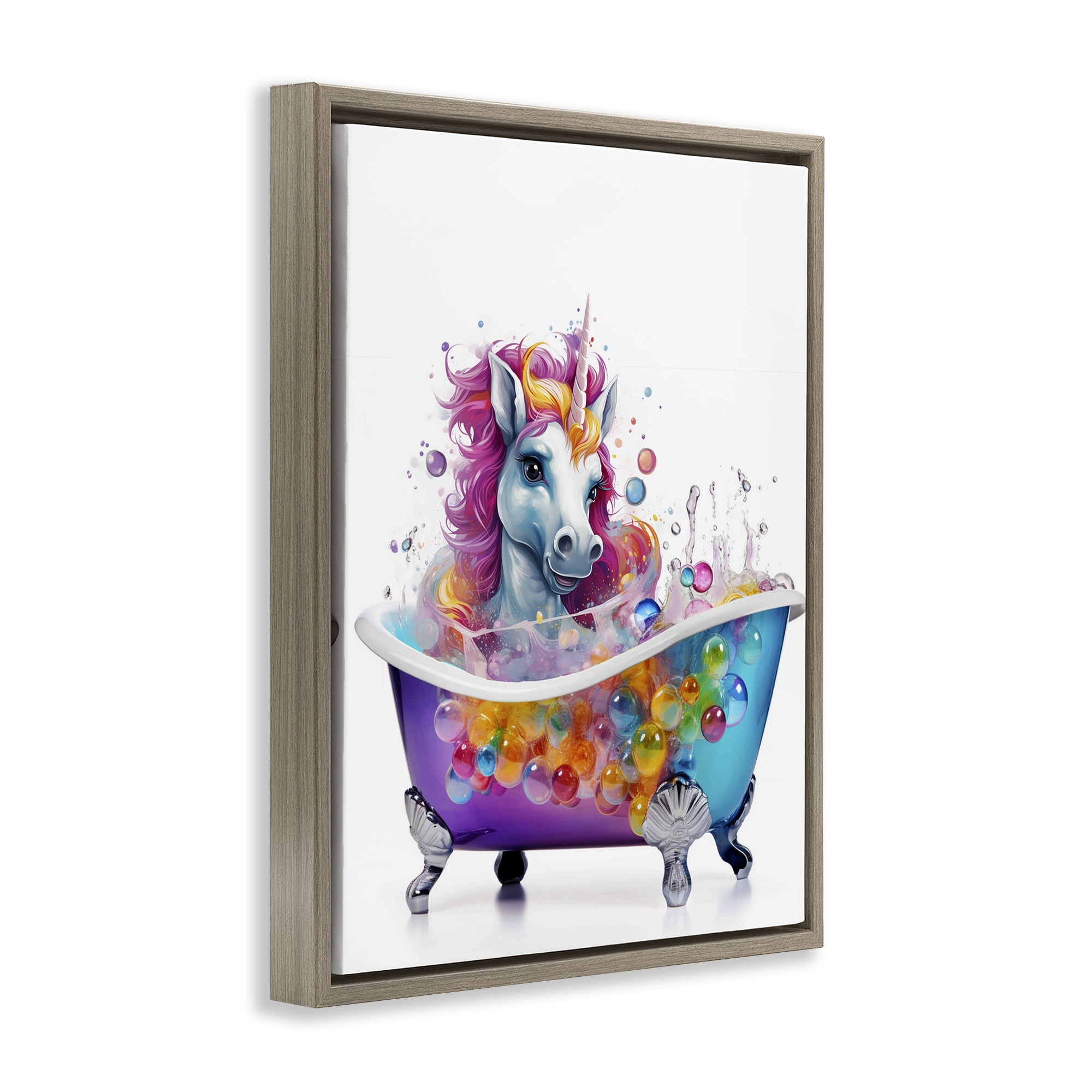 Stupell Industries Rainbow Bubbles Unicorn Typography Painting Brown Floater Framed Canvas Art Print Wall Art, 25 x 31
