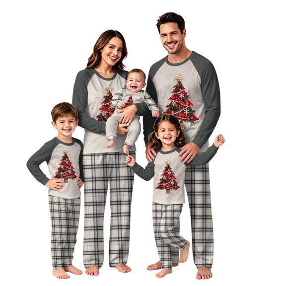 Matching Family Christmas Pajamas Set, 2 Piece Christmas Tree Plaid Print Long Sleeve Sleepwear Christmas Pjs for Family, Matching Holiday Family Pajama Xmas Sets for Couples, Men and Women