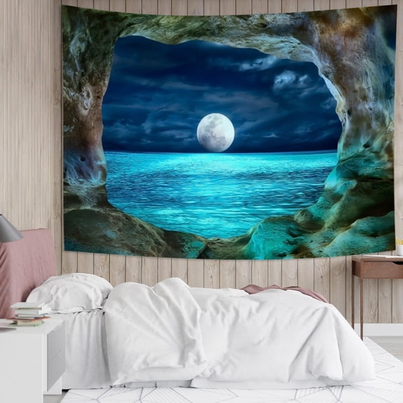 Moon Over Ocean Tapestry Wall Hanging,Blue Fantasy Tapestries for Bedroom Living Room Dorm Decor,60"Wx50"L