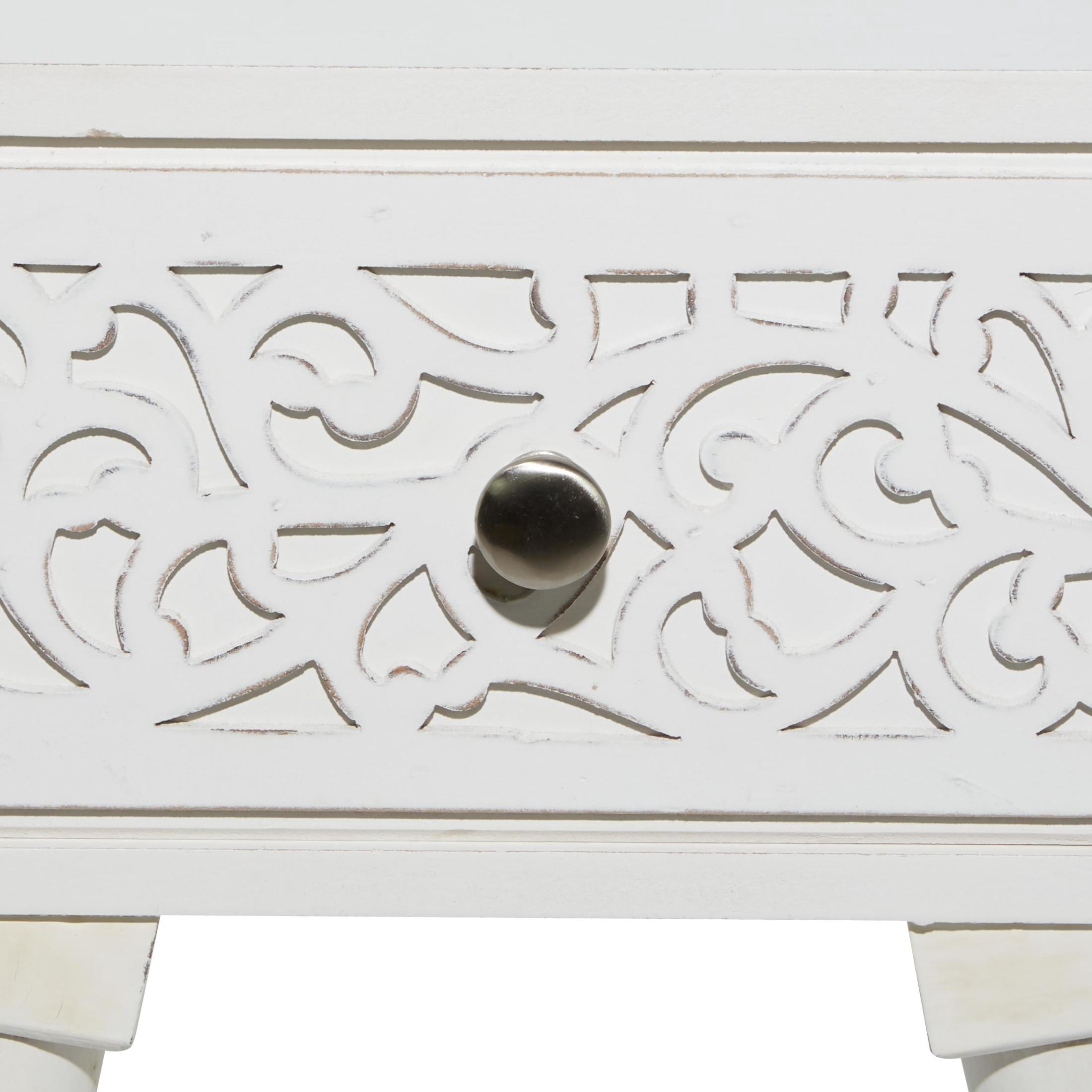 DecMode 16" x 24" White Mango Wood Intricately Carved Single Drawer Scroll Accent Table, 1-Piece