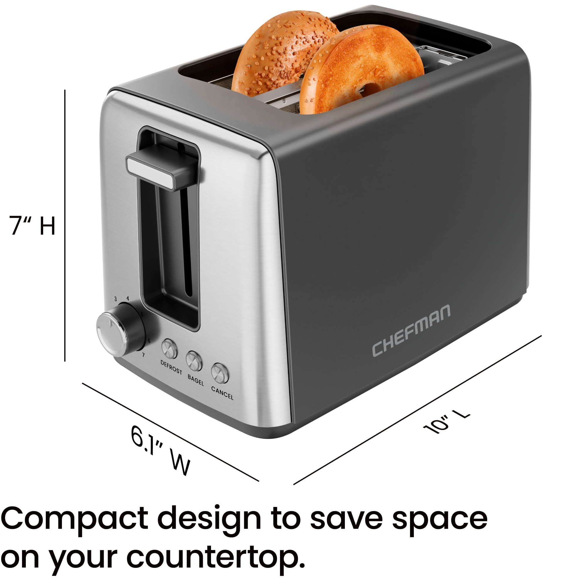 Chefman 2 Slice Toaster with 7 Shade Settings, Removable Crumb Tray, Bagel & Defrost Modes — Black