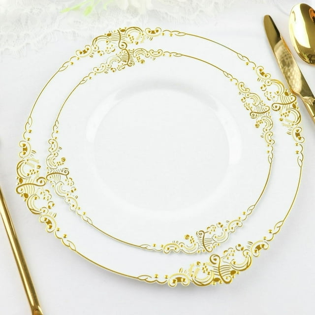 YOPTOP Lot de 10 / Transparent/or Baroque Assiettes Rondes en Plastique de 8” pour Desserts et Salades Vaisselle Jetable avec Rebord Doré en Relief en Forme de Feuille, Blanc/or, 10 Pouces
