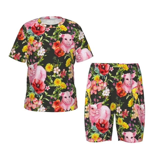 Balery Cute Pigs Sunflower Conjunto de Pijama Infantil de Manga Corta con Estampado – Ropa de Dormir de Algodón Suave-Large