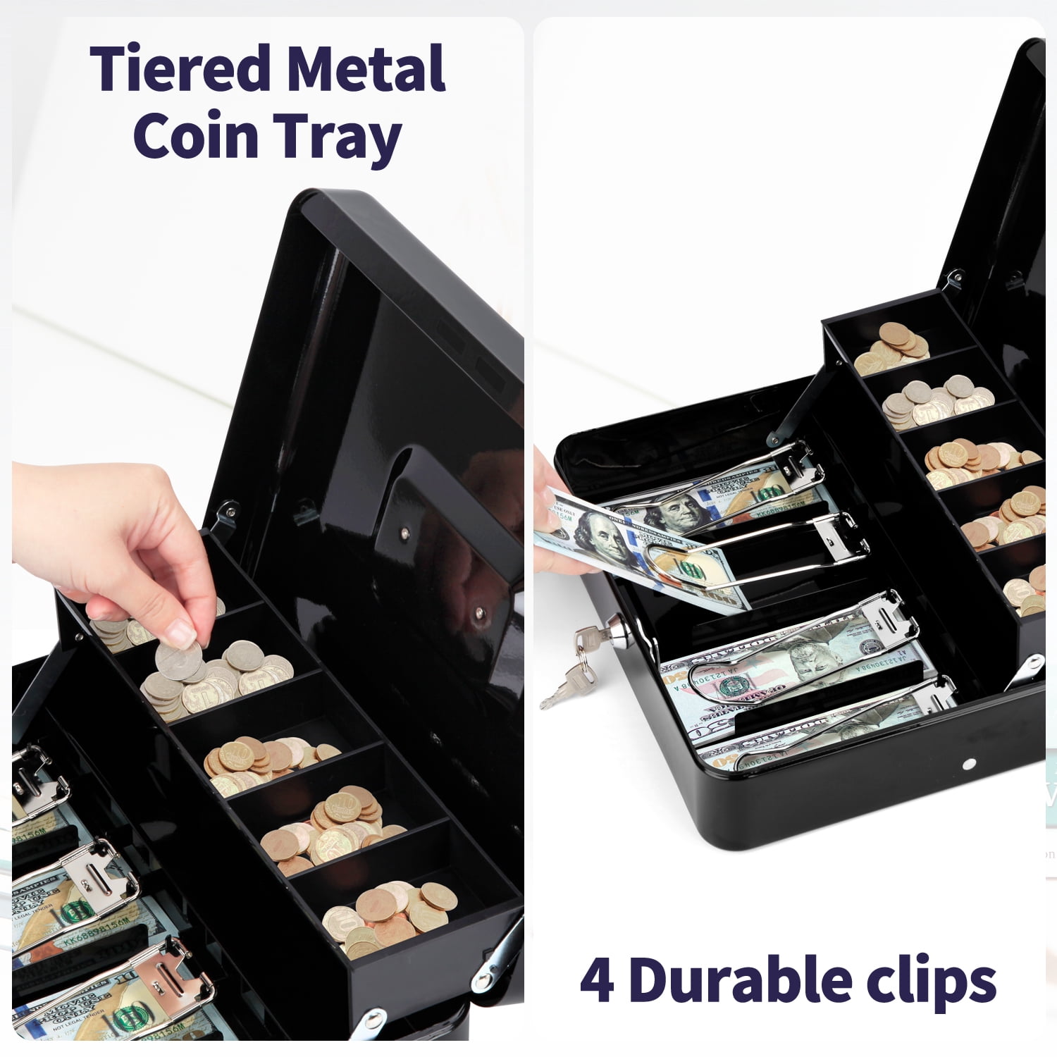 SkyAuks Piggy Bank, Cash Box with Money Tray and Key Lock to Secure Money, Jewelry, 11.8"x 9.5"x3.5", Black