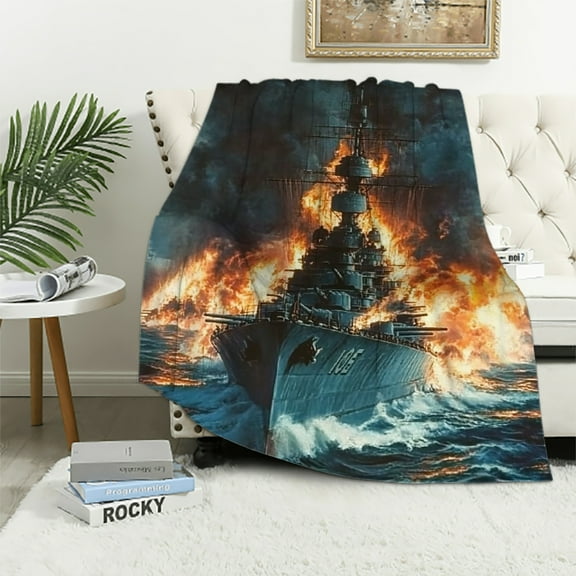 Autua Nautical Battleship Sea Flannel Throw Blanket, Soft Cozy Warm Fleece Warship Fire Ocean Blanket for Couch Sofa Bed, 40x50in