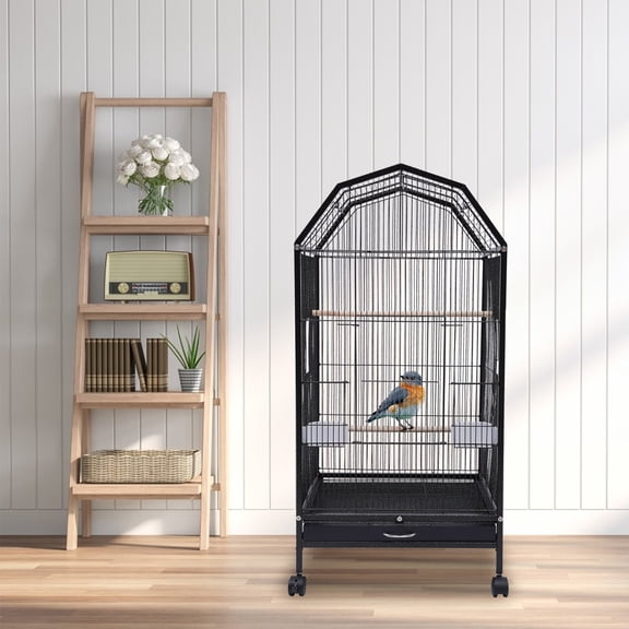 46x46x101.5cm Black Iron Parrot Cage with Wheels Bird Aviary for Cockatiel, Conure, Parakeet, Lovebird & Finch