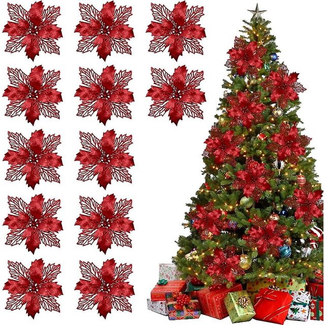 12 piezas de flores artificiales de Pascua con purpurina navideña, decoraciones de flores navideñas, adornos de árbol de Pascua con purpurina para corona navideña, boda C
