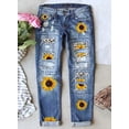 thumbnail image 2 of Pantalones vaqueros con estampado de girasoles para mujer, de cintura media, con parches rotos, ajustados y elásticos., 2 of 5