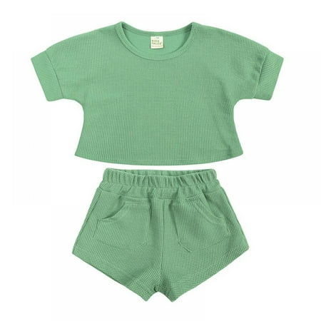 

URMAGIC 2PCS Summer Toddler Baby Boy Girl Clothes Set Unisex Waffle Solid Short Sleeve Tops Pocket Shorts Outfits 6M-4T