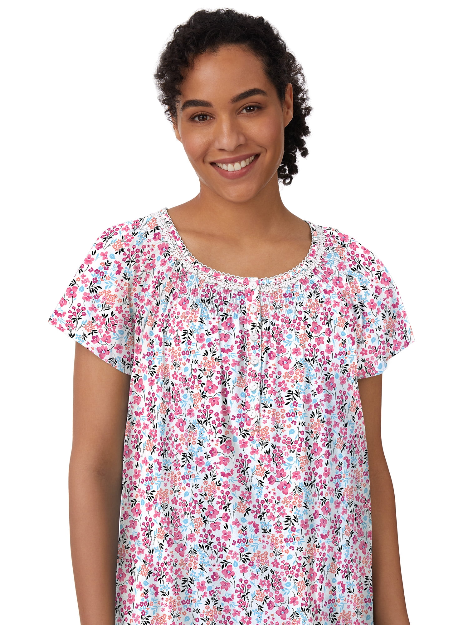 Aria Women's 100% Cotton Raglan Sleeve Smocked Neck 40" Sleepwear Gown, Sizes XS-5X